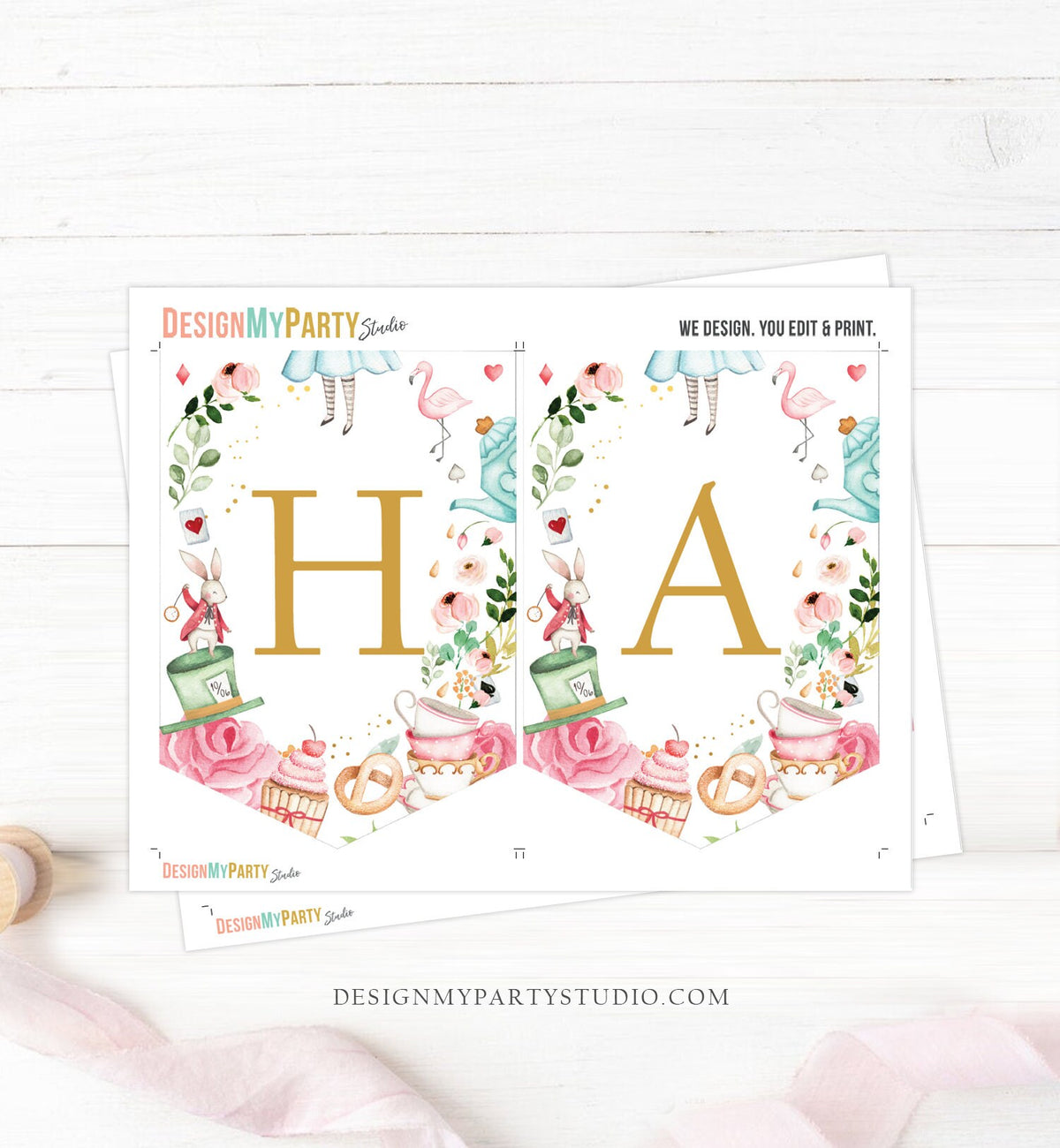 Alice in Onederland Happy Birthday Banner Alice in Wonderland Bunting Girl Pink Mad Hatter Tea Party Decor Garland PRINTABLE Digital 0350
