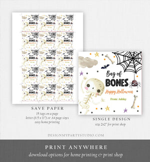 Editable Halloween Gift Tag Skeleton Sticker Trick Or Treat Halloween School Treat Bag of Bones Tag Download Printable Template Corjl 0261