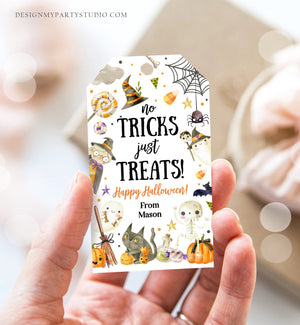 Editable Halloween Gift Tag No Tricks Just Treats Halloween Treat Tag Trick Or Treat Favor Tags Kids Download Template Corjl 0261 0475