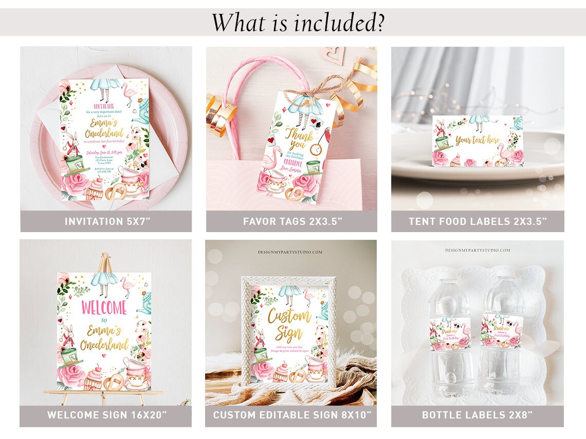 Alice in Onederland Birthday Invitation Bundle Alice in Wonderland Party Birthday Pink Girl Package 1st First Printable Corjl Template 0350