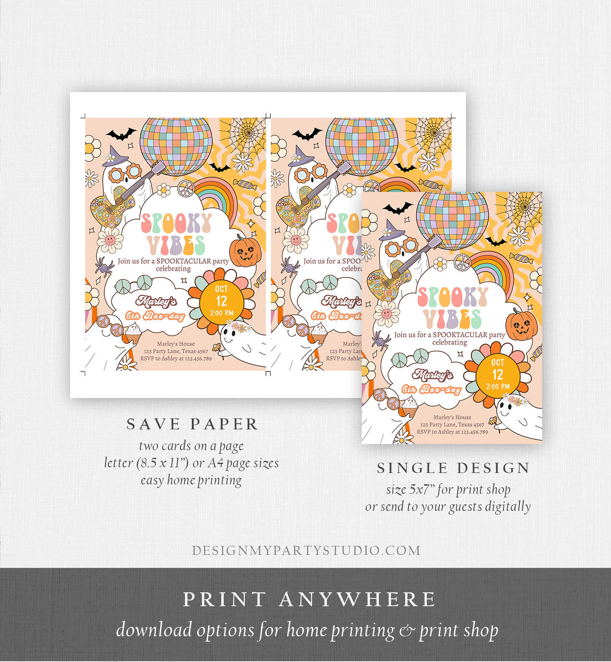 Editable Groovy Halloween Birthday Invitation Pink spooky Vibes Ghost Party Girl Spooktacular Spooky Download Printable Template Corjl 0471