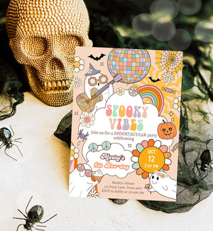 Editable Groovy Halloween Birthday Invitation Pink spooky Vibes Ghost Party Girl Spooktacular Spooky Download Printable Template Corjl 0471