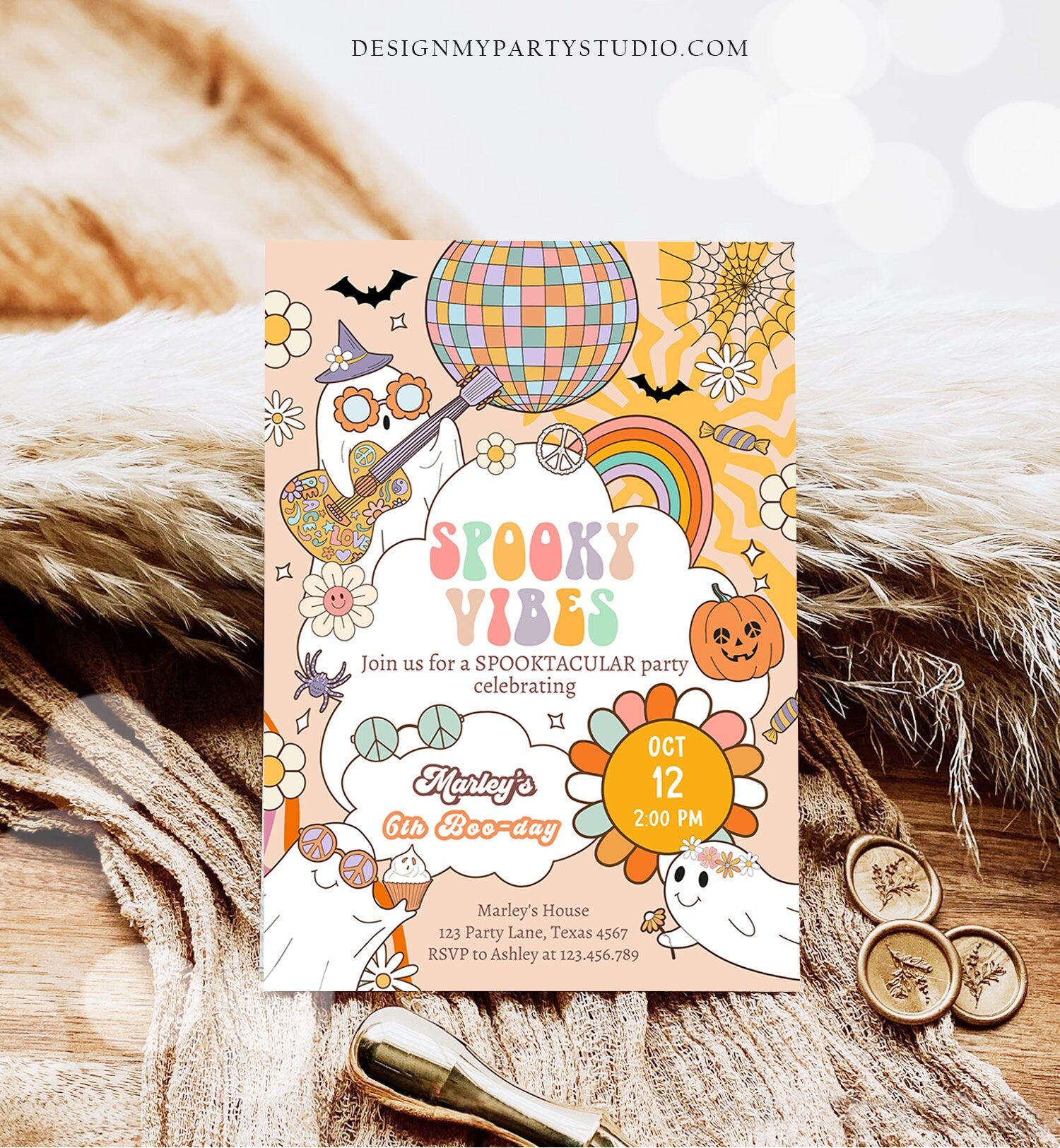 Editable Groovy Halloween Birthday Invitation Pink spooky Vibes Ghost Party Girl Spooktacular Spooky Download Printable Template Corjl 0471