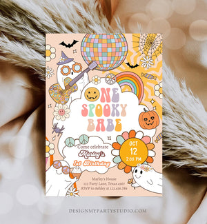 Editable Groovy Halloween 1st Birthday Invitation One Spooky Babe Pink Ghost Party Girl Spooktacular Download Printable Template Corjl 0471