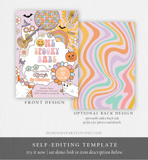 Editable Groovy Halloween 1st Birthday Invitation One Spooky Babe Pink Ghost Party Girl Spooktacular Download Printable Template Corjl 0471