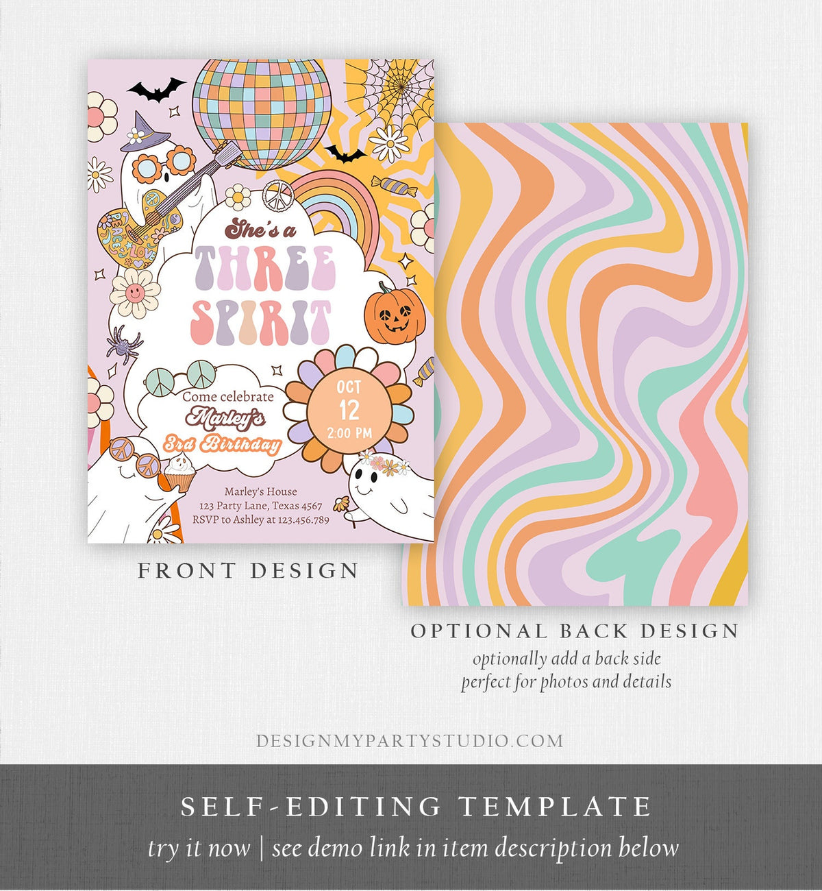 Editable Groovy Halloween Three Spirit Birthday Invitation 3rd Pink Ghost Party Girl Boo Spooktacular Download Printable Template Corjl 0471