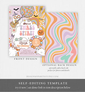 Editable Groovy Halloween Three Spirit Birthday Invitation 3rd Pink Ghost Party Girl Boo Spooktacular Download Printable Template Corjl 0471