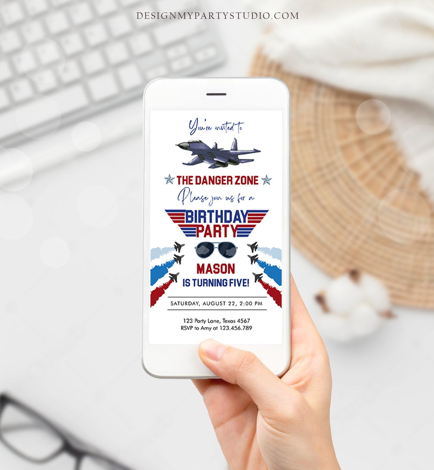 Editable Fighter Pilot Birthday Evite Fighter Jet Pilot Invitation Boy Military Jet Instant Download Phone Electronic Corjl Template 0469
