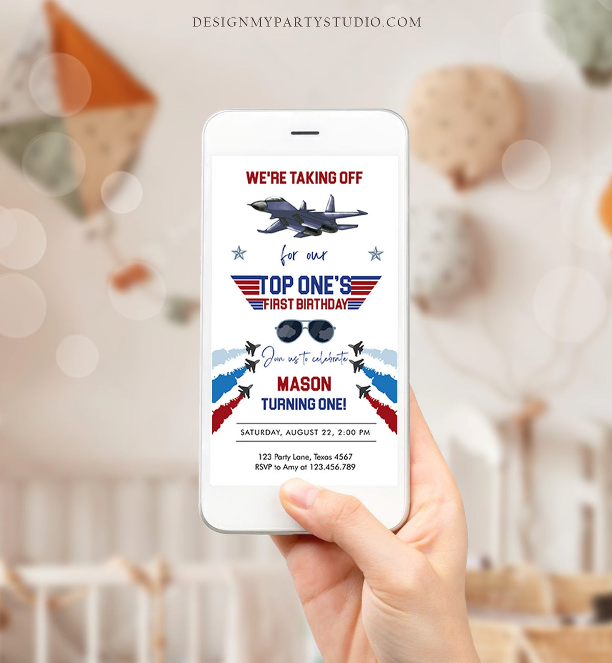 Editable Fighter Pilot Birthday Evite Fighter Jet Pilot 1st One Invite Boy Military Jet Download Phone Electronic Corjl Template 0469