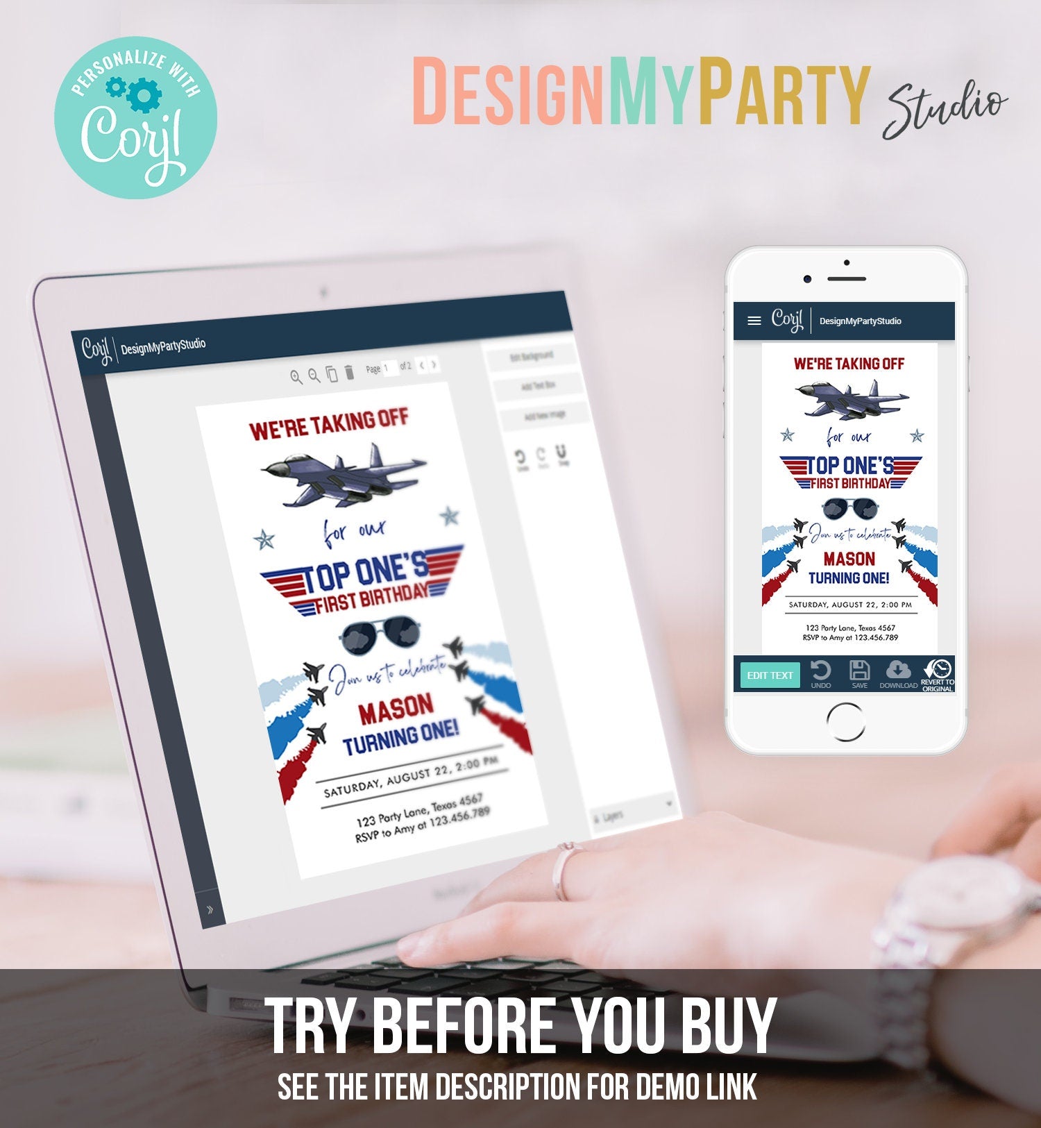 Editable Fighter Pilot Birthday Evite Fighter Jet Pilot 1st One Invite Boy Military Jet Download Phone Electronic Corjl Template 0469