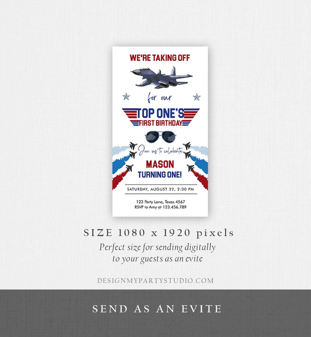 Editable Fighter Pilot Birthday Evite Fighter Jet Pilot 1st One Invite Boy Military Jet Download Phone Electronic Corjl Template 0469