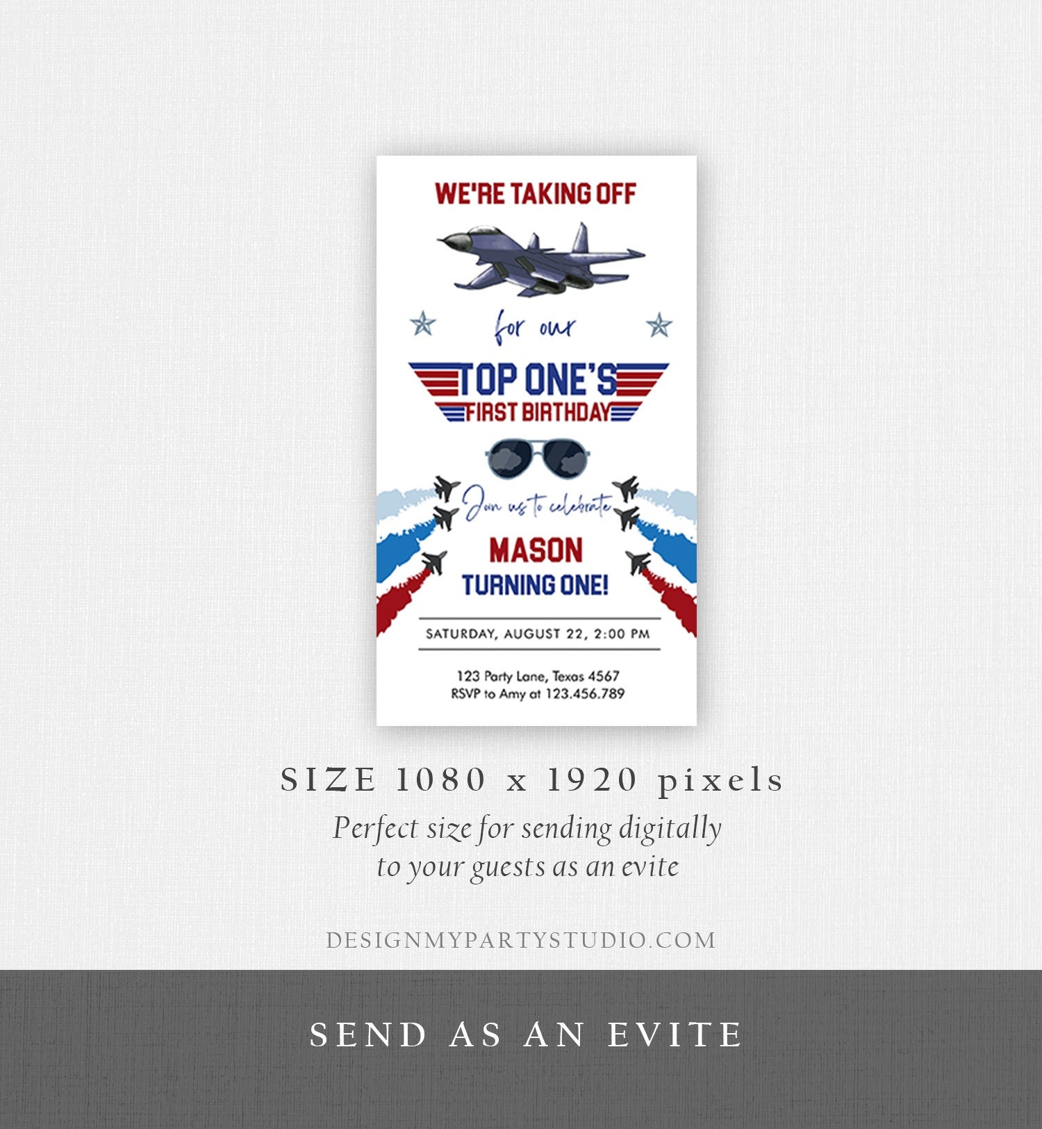 Editable Fighter Pilot Birthday Evite Fighter Jet Pilot 1st One Invite Boy Military Jet Download Phone Electronic Corjl Template 0469