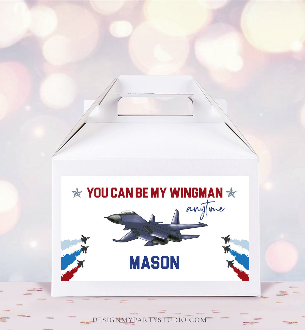 Editable Fighter Pilot Gable Box Favor Flying Ace Aviator Birthday Favor Box Label Boy You can be my Wingman Download Printable Corjl 0469