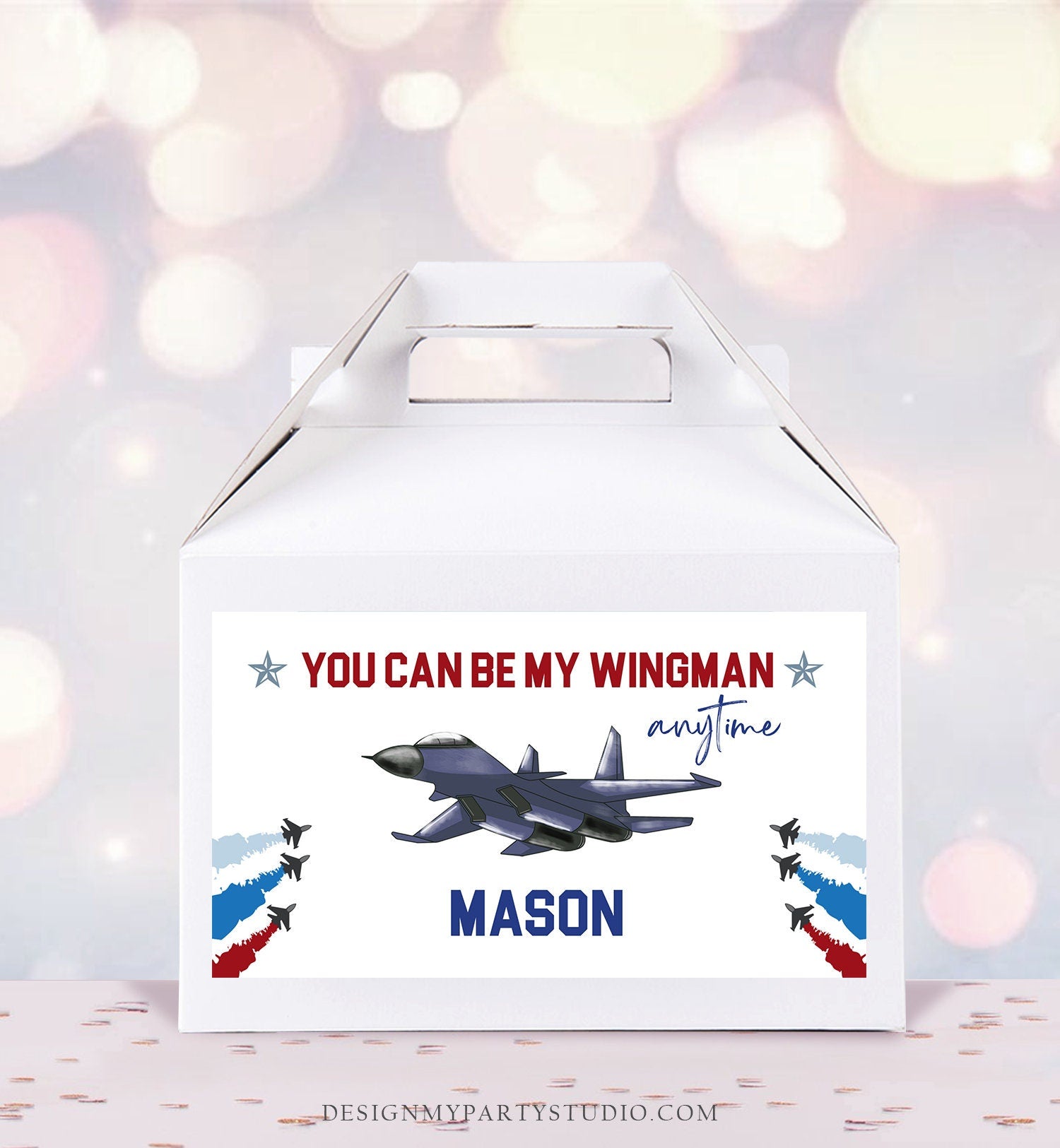 Editable Fighter Pilot Gable Box Favor Flying Ace Aviator Birthday Favor Box Label Boy You can be my Wingman Download Printable Corjl 0469