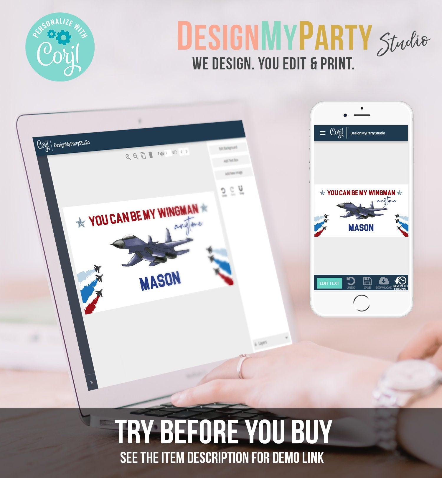 Editable Fighter Pilot Gable Box Favor Flying Ace Aviator Birthday Favor Box Label Boy You can be my Wingman Download Printable Corjl 0469