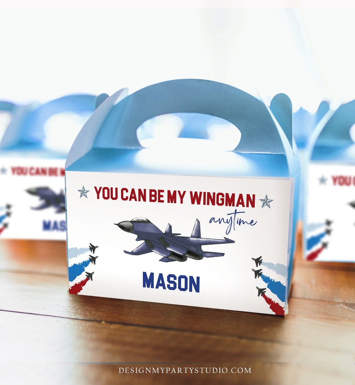 Editable Fighter Pilot Gable Box Favor Flying Ace Aviator Birthday Favor Box Label Boy You can be my Wingman Download Printable Corjl 0469