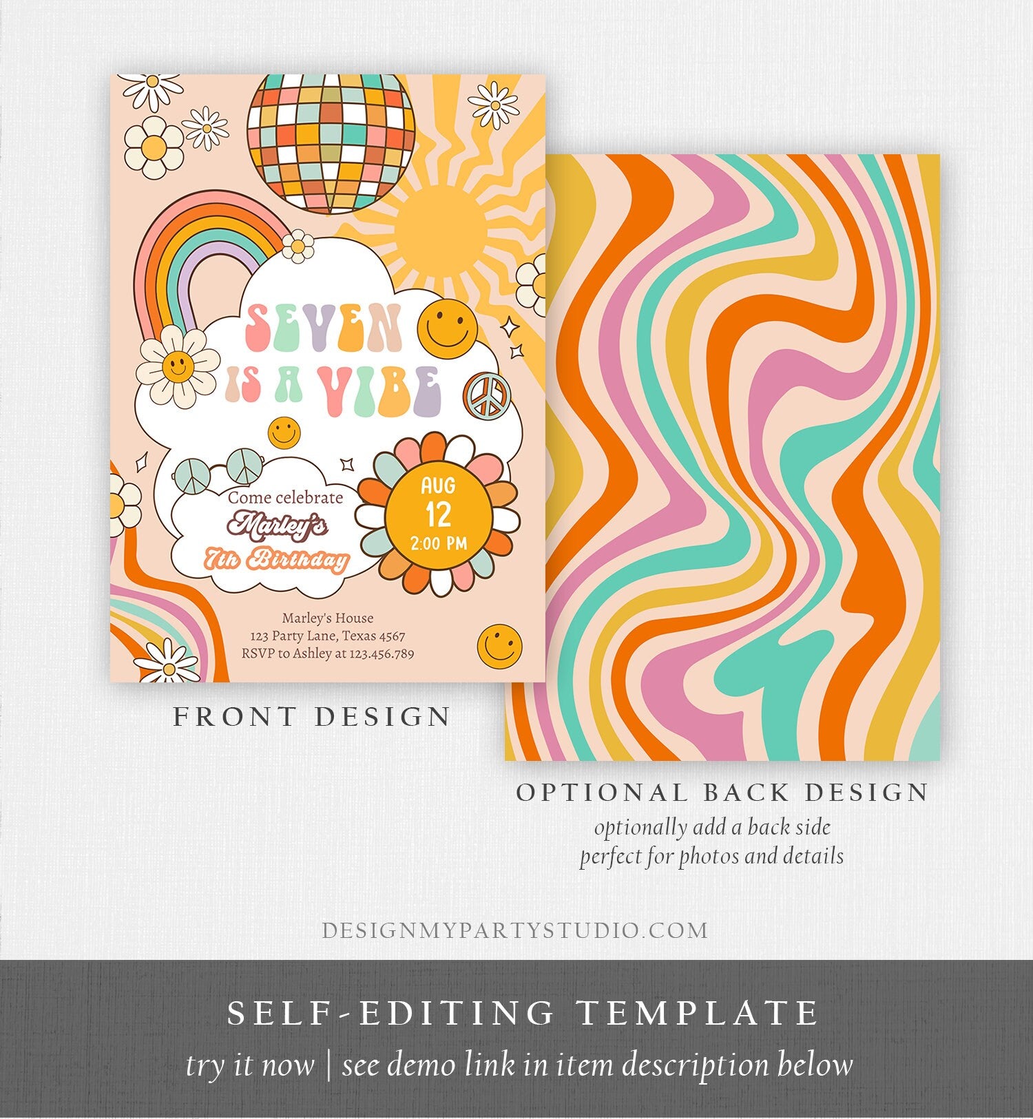 Editable Seven Is A Vibe Groovy Birthday Invitation 7th Birthday Invite Rainbow Peace Love Party Girl Download Template Corjl Digital 0459