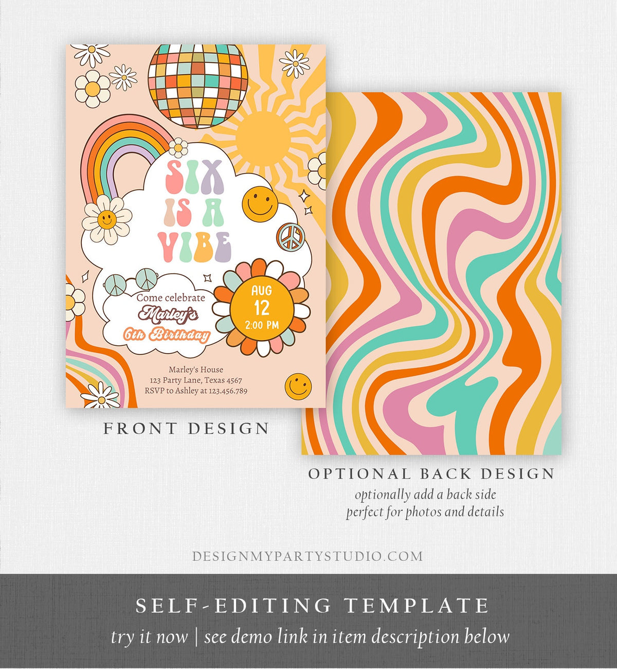 Editable Six Is A Vibe Groovy Birthday Invitation 6th Birthday Invite Rainbow Peace Love Party Girl Download Template Corjl Digital 0459