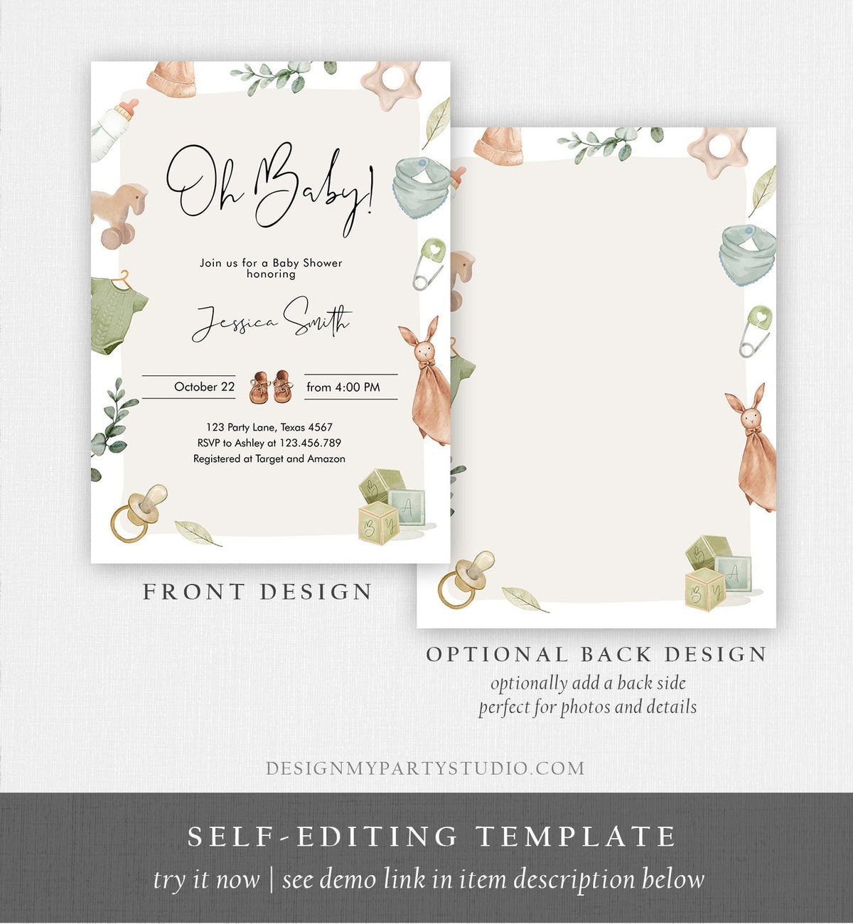 Editable Oh Baby Shower Invitation Boho Baby Shower Invitation Coed Shower Baby Clothes Rustic Boy Download Printable Template Corjl 0470