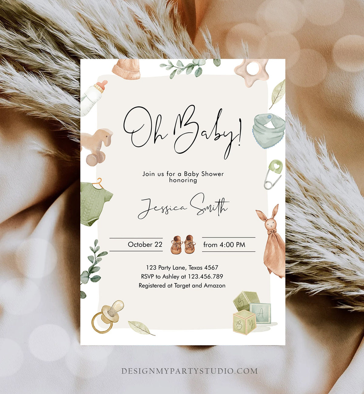 Editable Oh Baby Shower Invitation Boho Baby Shower Invitation Coed Shower Baby Clothes Rustic Boy Download Printable Template Corjl 0470