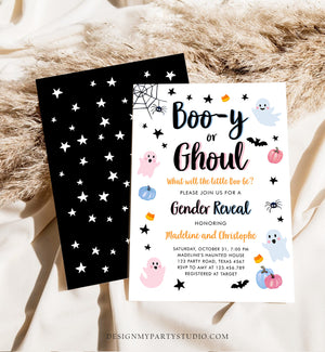 Editable Halloween Gender Reveal Invitation Little Boo Ghost Boo-y Ghoul Pink Blue Ghost Halloween Reveal Printable Template Corjl 0418