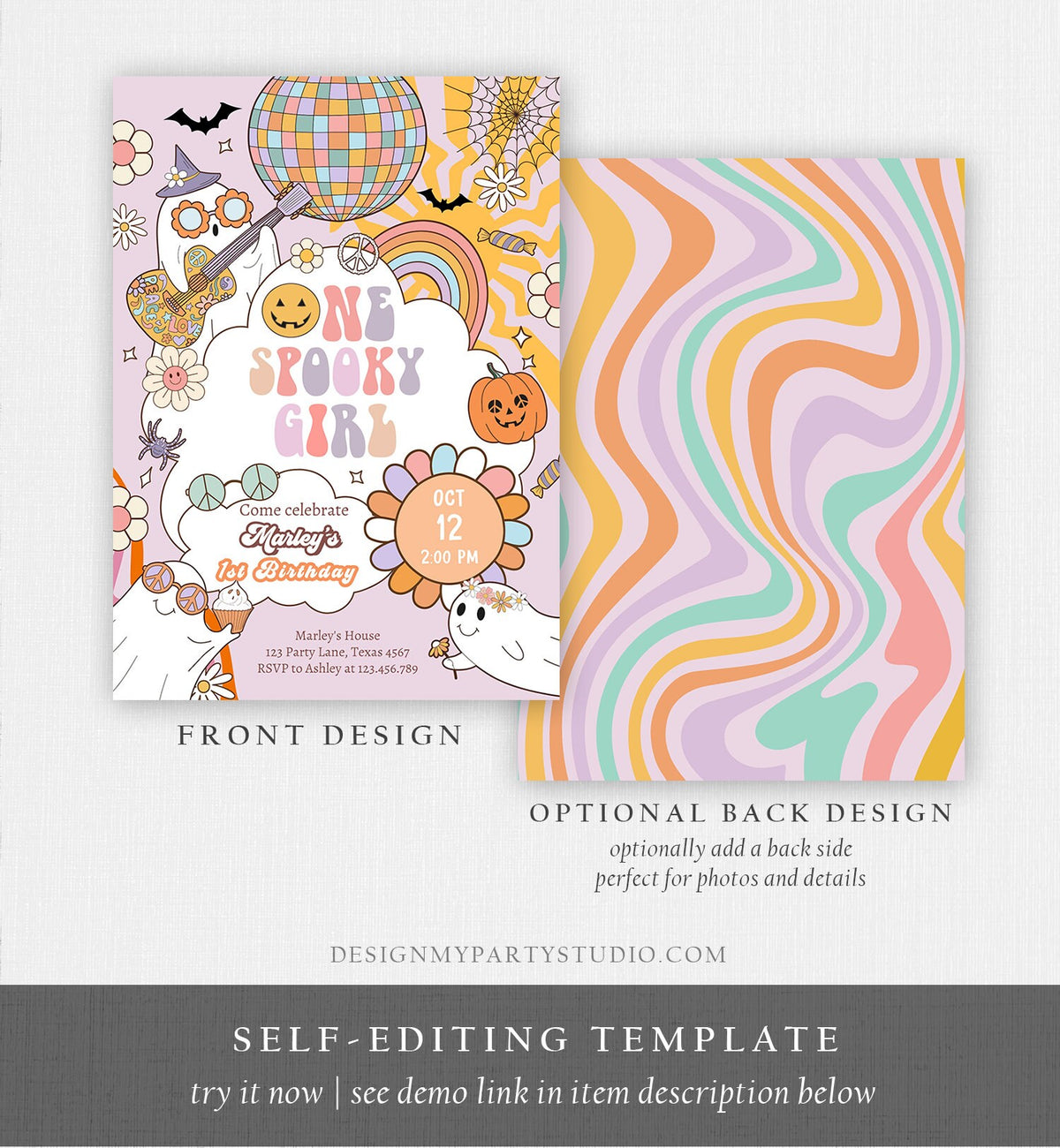 Editable One Spooky Girl Groovy Halloween 1st Birthday Invitation Pink Ghost Party Spooktacular Download Printable Template Corjl 0009 0471