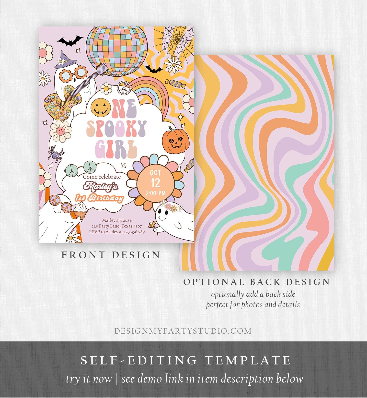 Editable One Spooky Girl Groovy Halloween 1st Birthday Invitation Pink Ghost Party Spooktacular Download Printable Template Corjl 0009 0471