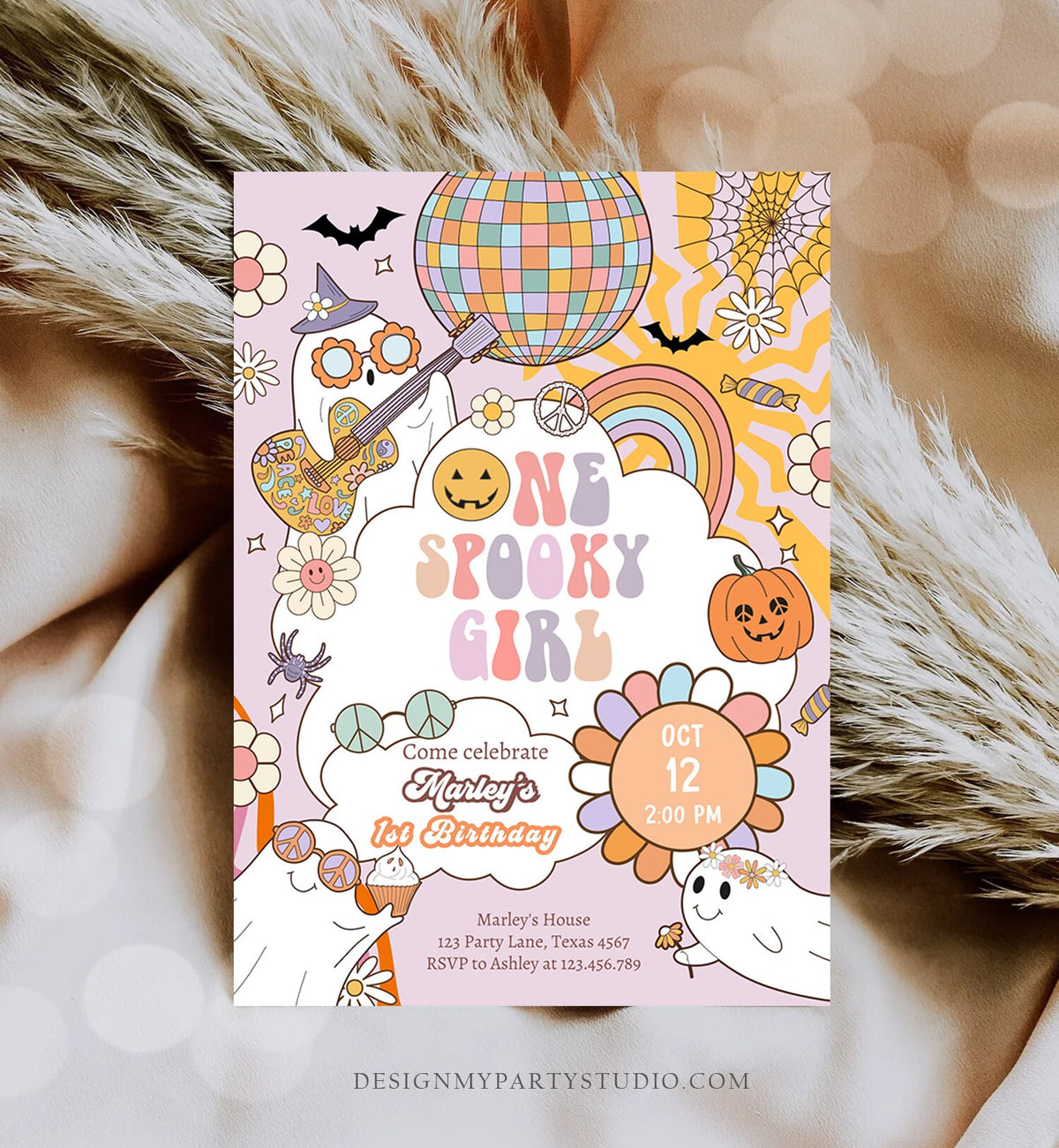 Editable One Spooky Girl Groovy Halloween 1st Birthday Invitation Pink Ghost Party Spooktacular Download Printable Template Corjl 0009 0471