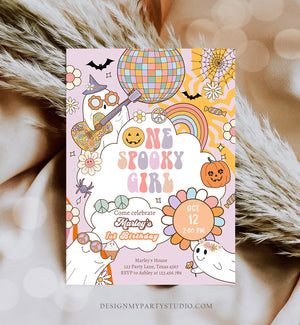 Editable One Spooky Girl Groovy Halloween 1st Birthday Invitation Pink Ghost Party Spooktacular Download Printable Template Corjl 0009 0471