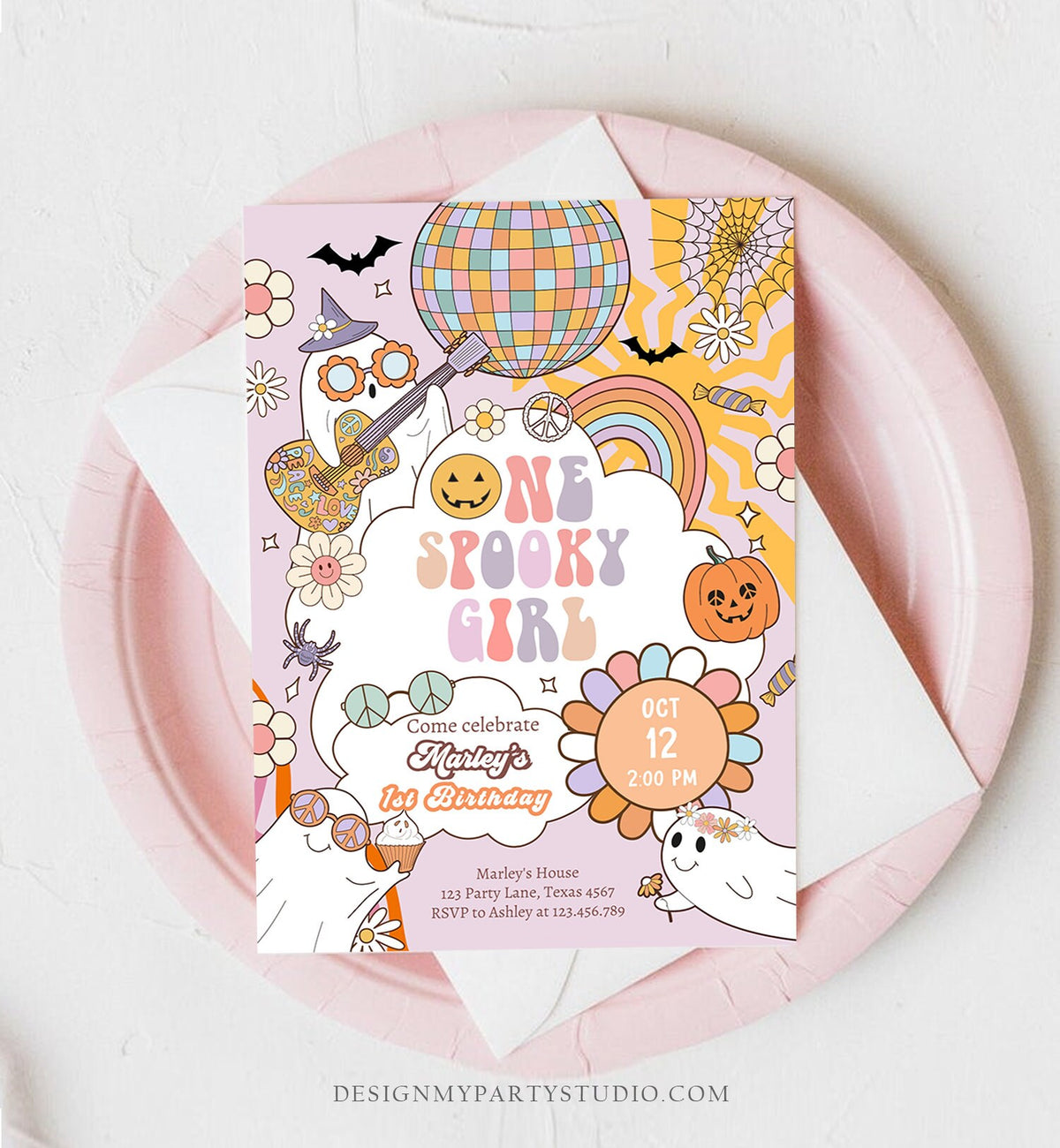 Editable One Spooky Girl Groovy Halloween 1st Birthday Invitation Pink Ghost Party Spooktacular Download Printable Template Corjl 0009 0471