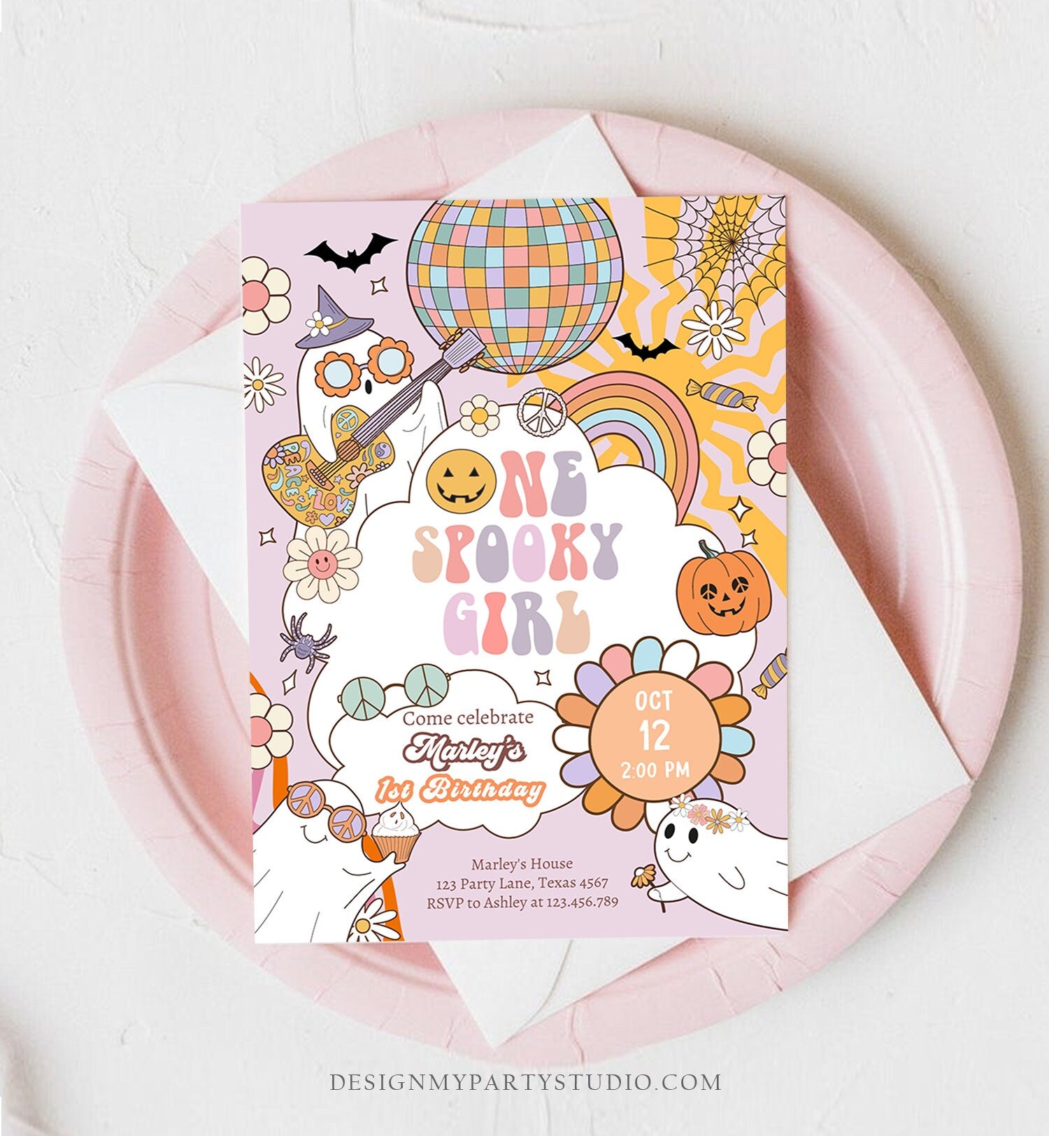 Editable One Spooky Girl Groovy Halloween 1st Birthday Invitation Pink Ghost Party Spooktacular Download Printable Template Corjl 0009 0471