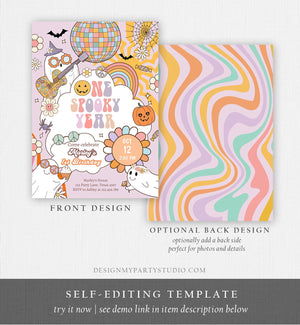 Editable One Spooky Ghoul Groovy Halloween 1st Birthday Invitation Pink Ghost Girl Spooktacular Download Printable Template Corjl 0009 0471