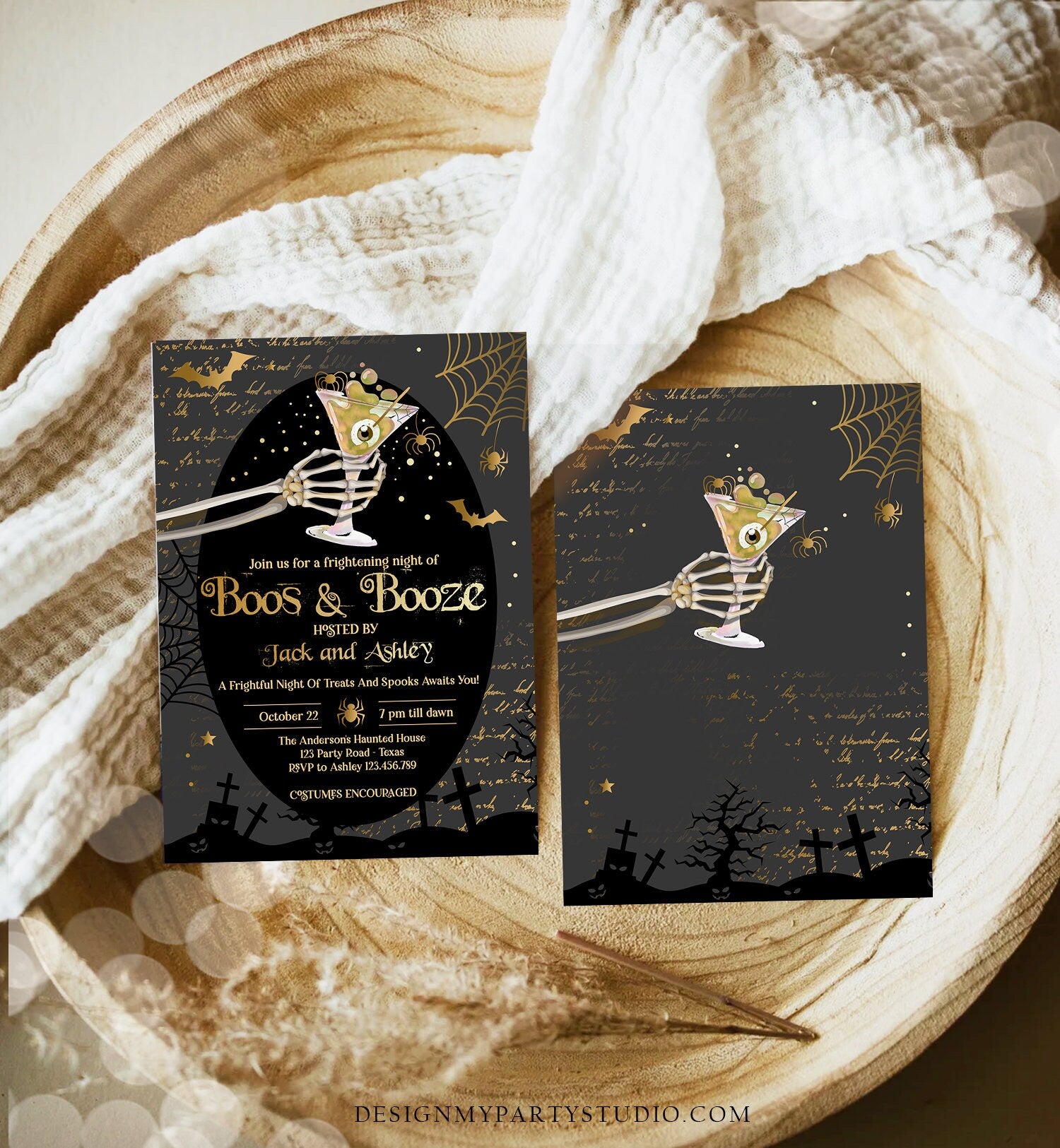 Editable Boos & Booze Halloween Party Invitation Adult Halloween Invite Brews Vintage Gothic Costumes and Cocktails Download Corjl 0472 0009