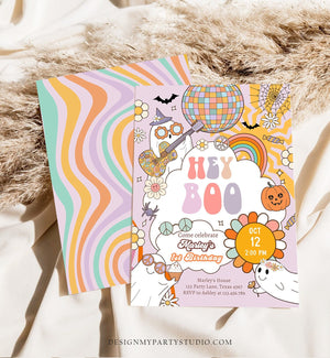 Editable Hey Boo Groovy Halloween Birthday Invitation Pink Ghost Party Girl Boo Spooktacular Download Printable Template Corjl 0009 0471