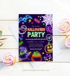 Editable Neon Halloween Party Invitation Costumes And Cocktails Adult Halloween Party Spooktacular Boos Or Brews Download Corjl 0474 0009