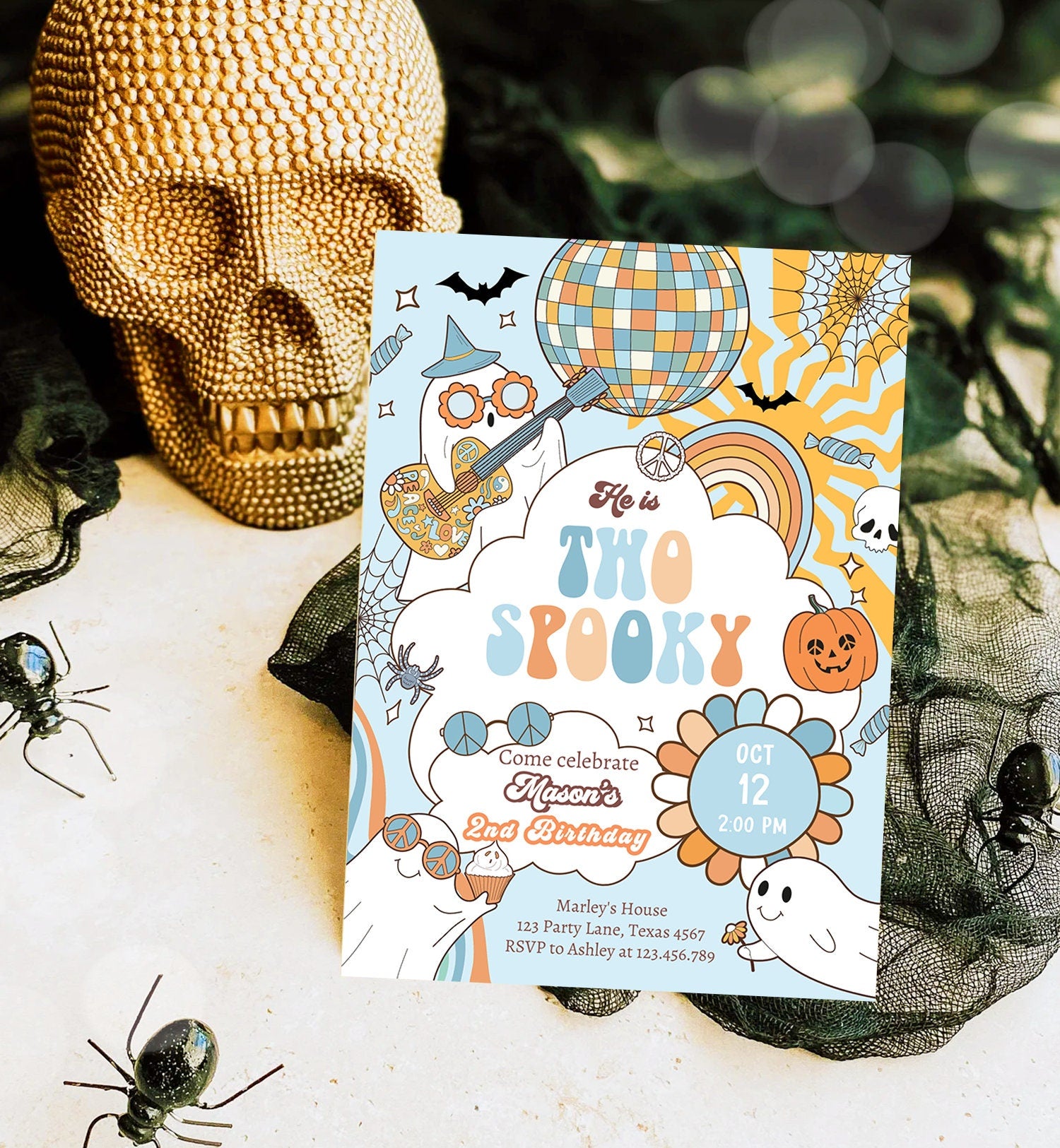 Editable Groovy Halloween Two Spooky Second Birthday Invitation Boy Ghost Party Blue Boo Spooktacular Party Printable Template Corjl 0471
