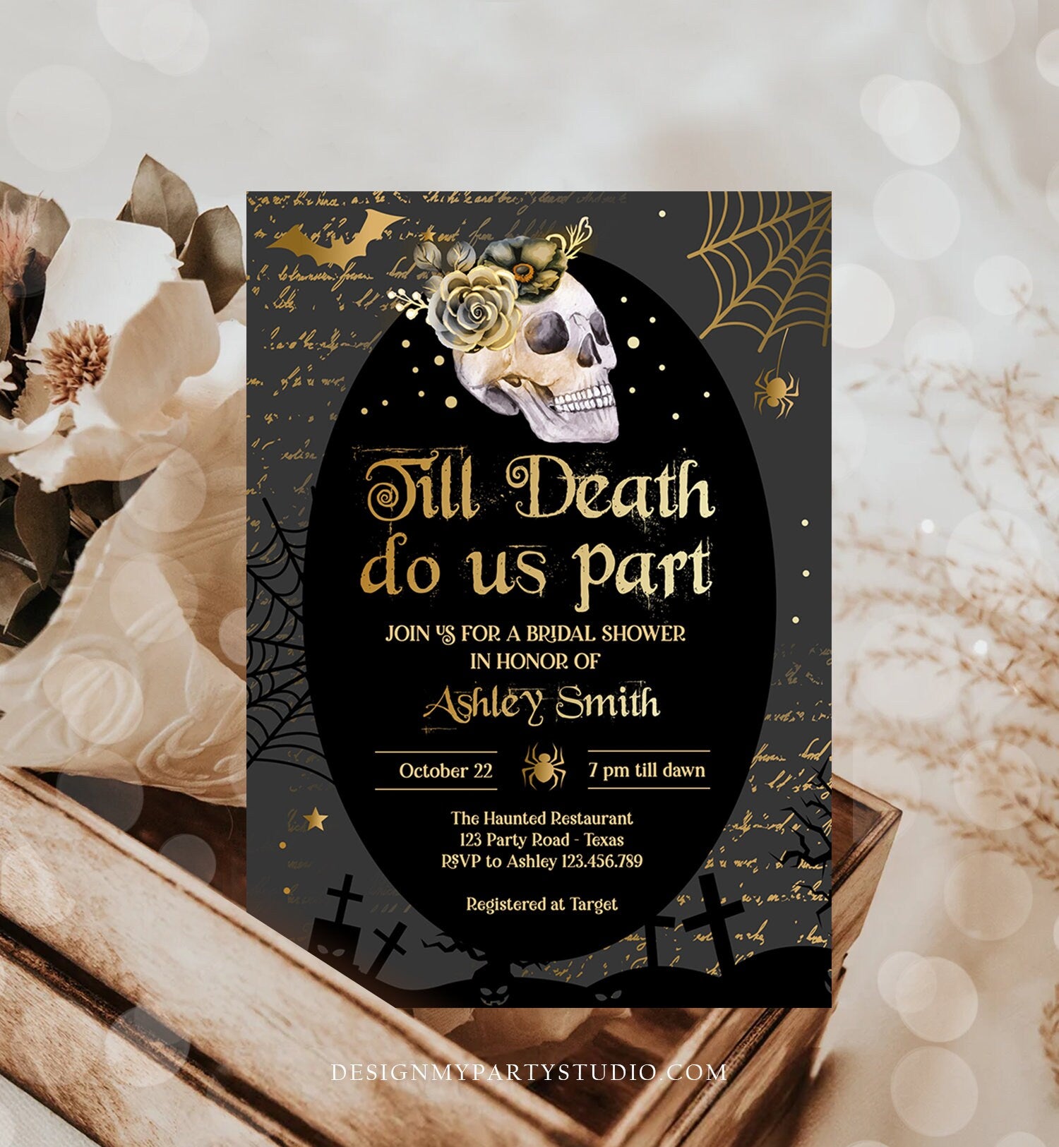 Editable Halloween Bridal Shower Invitation Till Death Do Us Part Gothic Bridal Shower Fall Skull Skeleton Floral Download Corjl 0472 0009