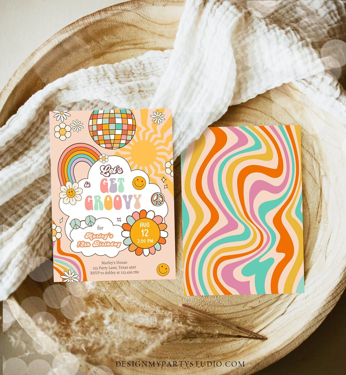 Editable Groovy Birthday Party Invitation Let's Get Groovy Birthday Smiley Boho Retro Flower Power Girl Download Template Corjl Digital 0459