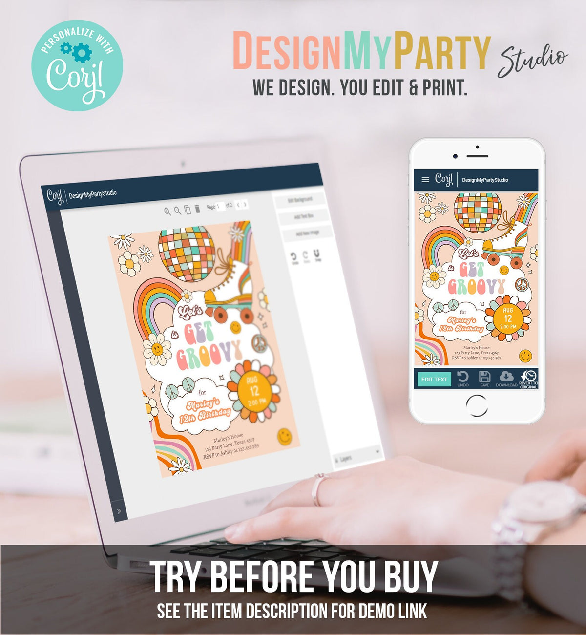 Editable Retro Roller Skate Birthday Party Invitation Let's Get Groovy Skating Kids 70's Skate Invite Download Template Corjl Digital 0459