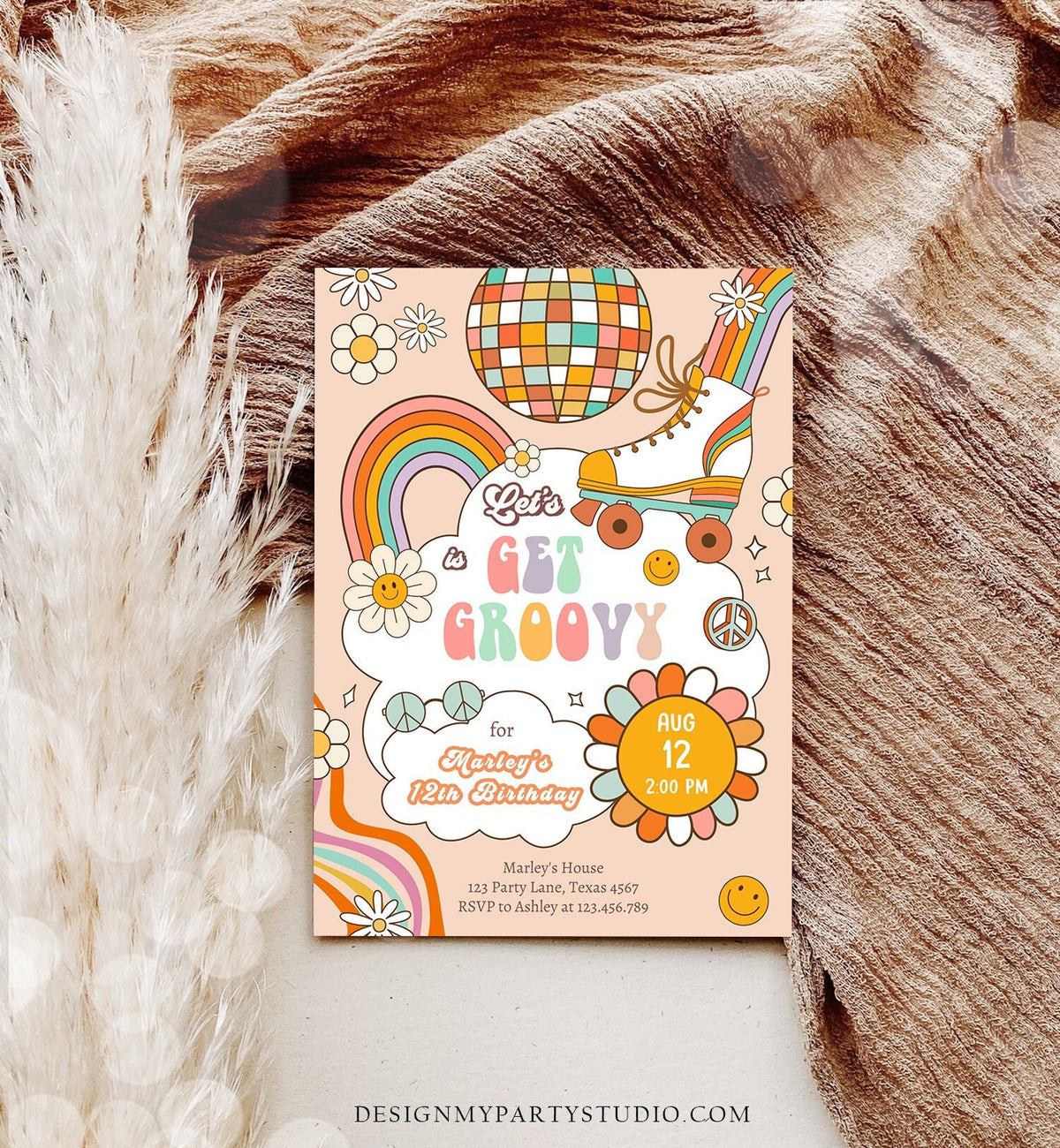 Editable Retro Roller Skate Birthday Party Invitation Let's Get Groovy Skating Kids 70's Skate Invite Download Template Corjl Digital 0459