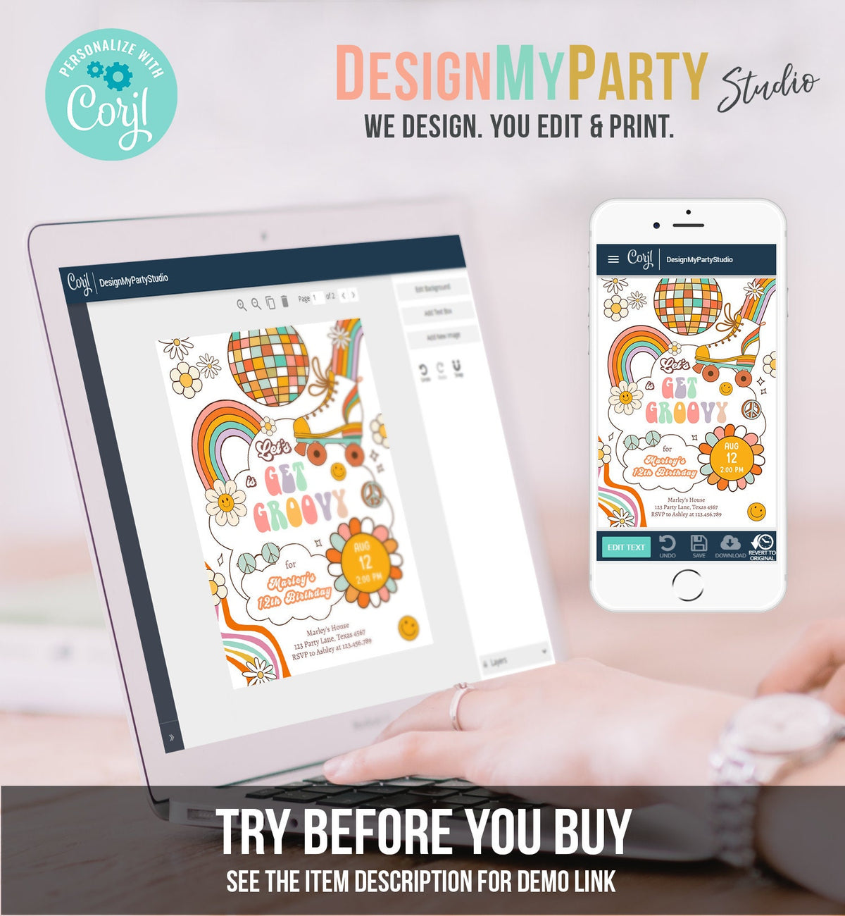 Editable Retro Roller Skate Birthday Party Invitation Let's Get Groovy Skating Kids 70's Skate Invite Download Template Corjl Digital 0459