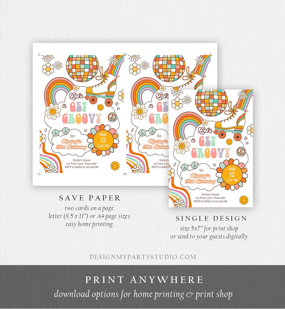 Editable Retro Roller Skate Birthday Party Invitation Let's Get Groovy Skating Kids 70's Skate Invite Download Template Corjl Digital 0459