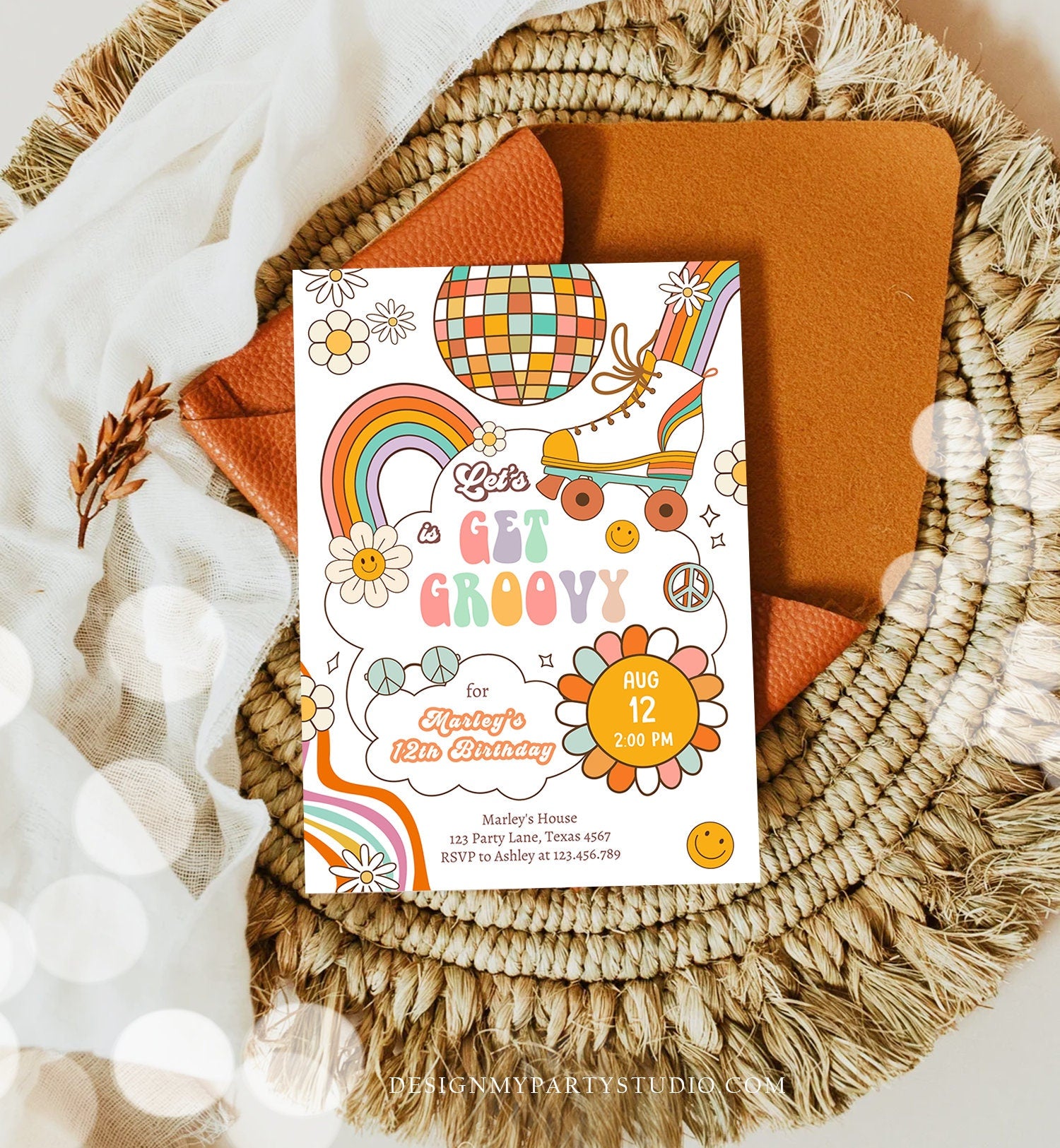 Editable Retro Roller Skate Birthday Party Invitation Let's Get Groovy Skating Kids 70's Skate Invite Download Template Corjl Digital 0459