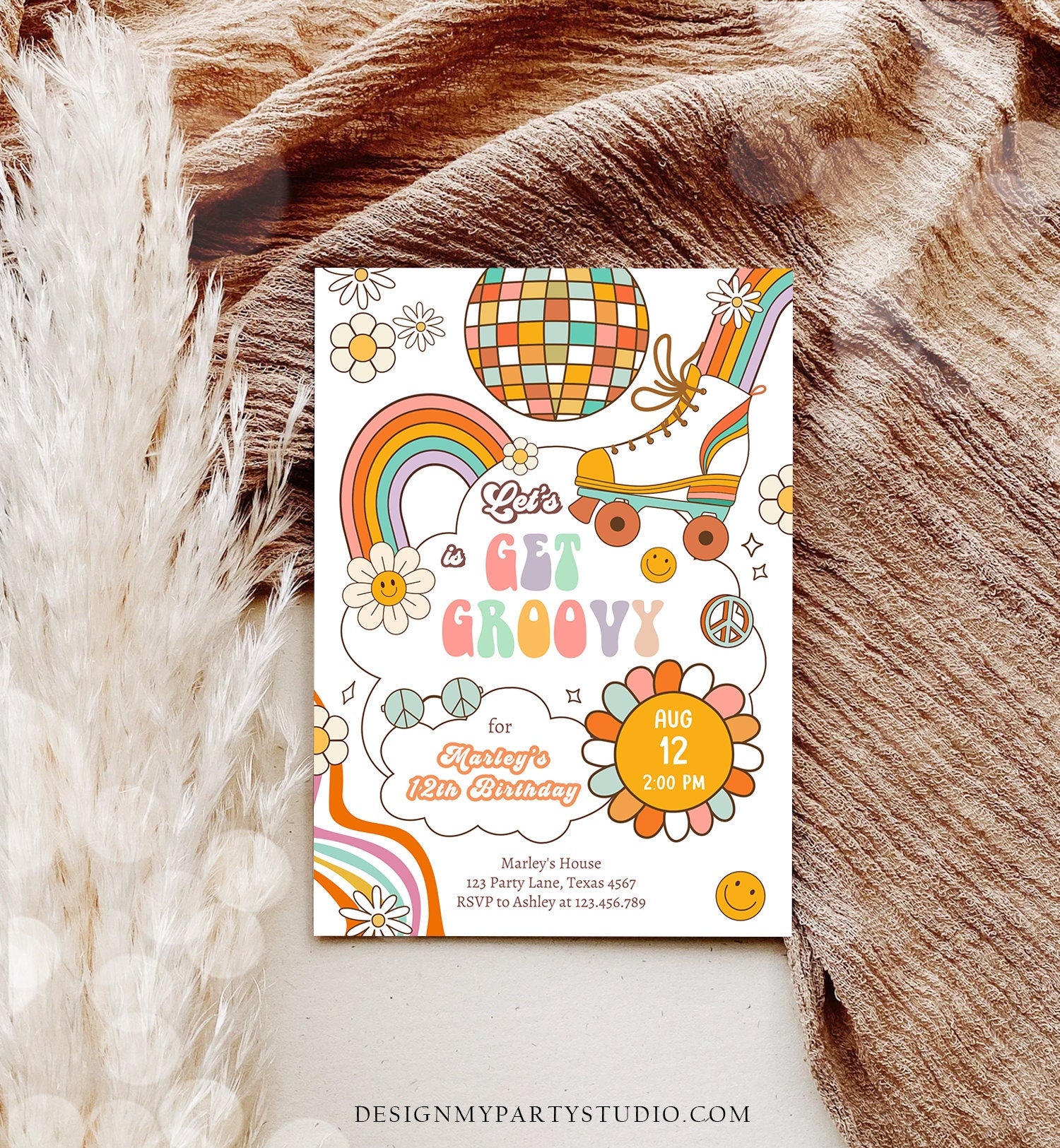 Editable Retro Roller Skate Birthday Party Invitation Let's Get Groovy Skating Kids 70's Skate Invite Download Template Corjl Digital 0459