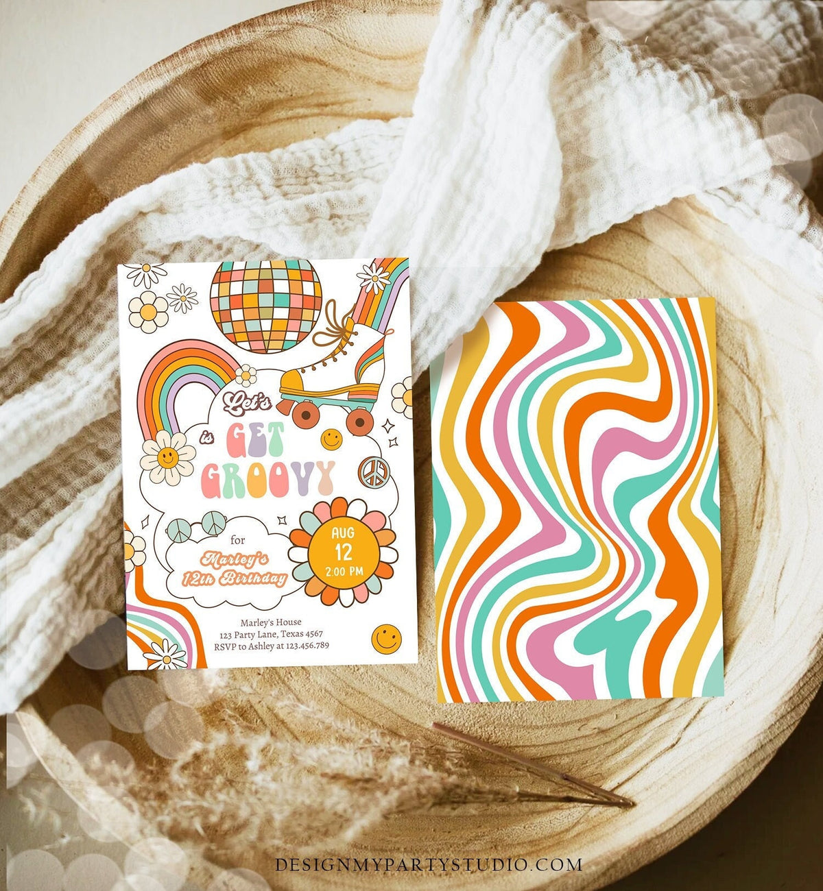 Editable Retro Roller Skate Birthday Party Invitation Let's Get Groovy Skating Kids 70's Skate Invite Download Template Corjl Digital 0459