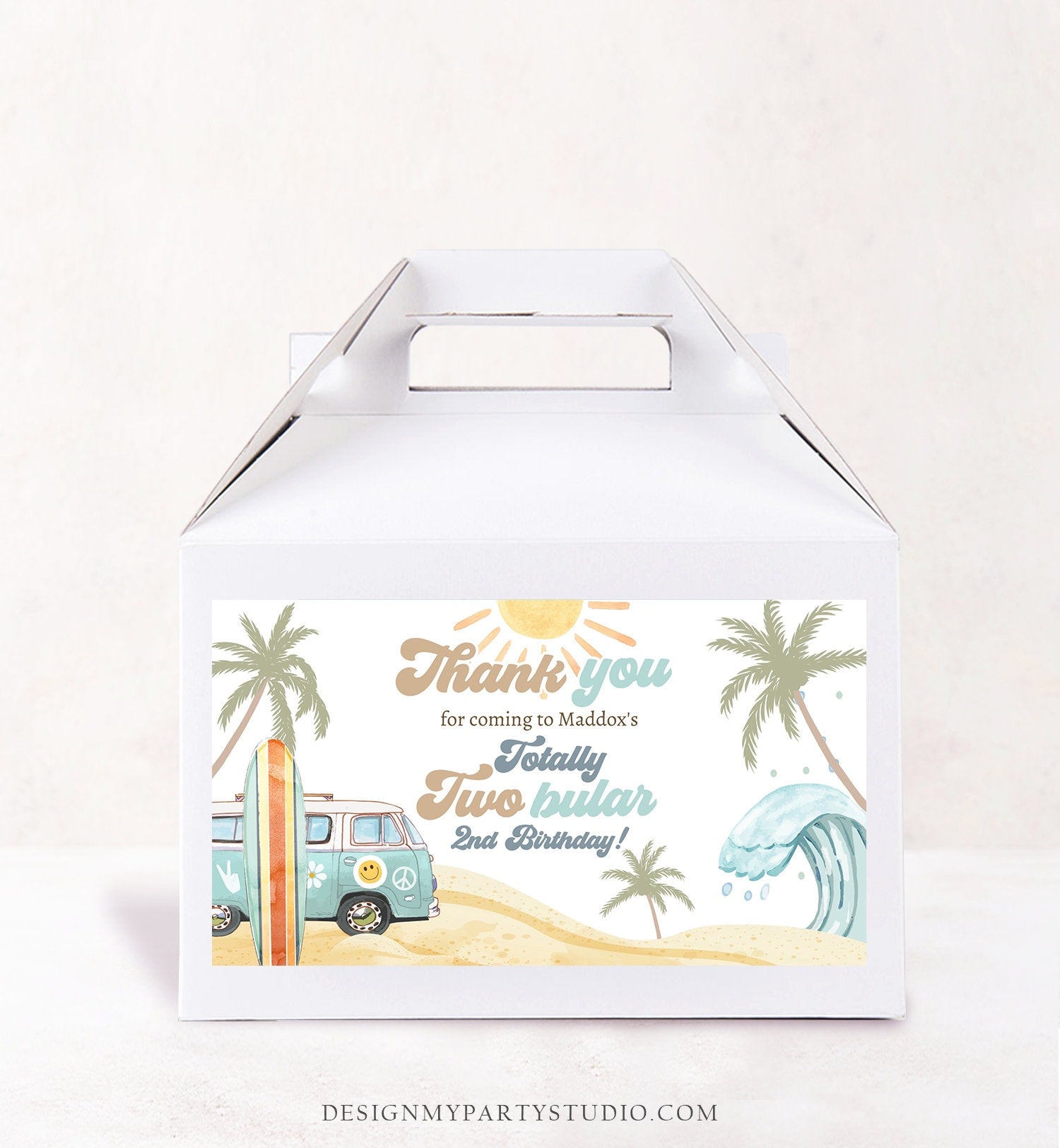 Editable Surf Gable Box Favor Label Surf Birthday Favor Box Label Boy Totally Twobular Retro Surfboard Digital Download Printable Corjl 0433