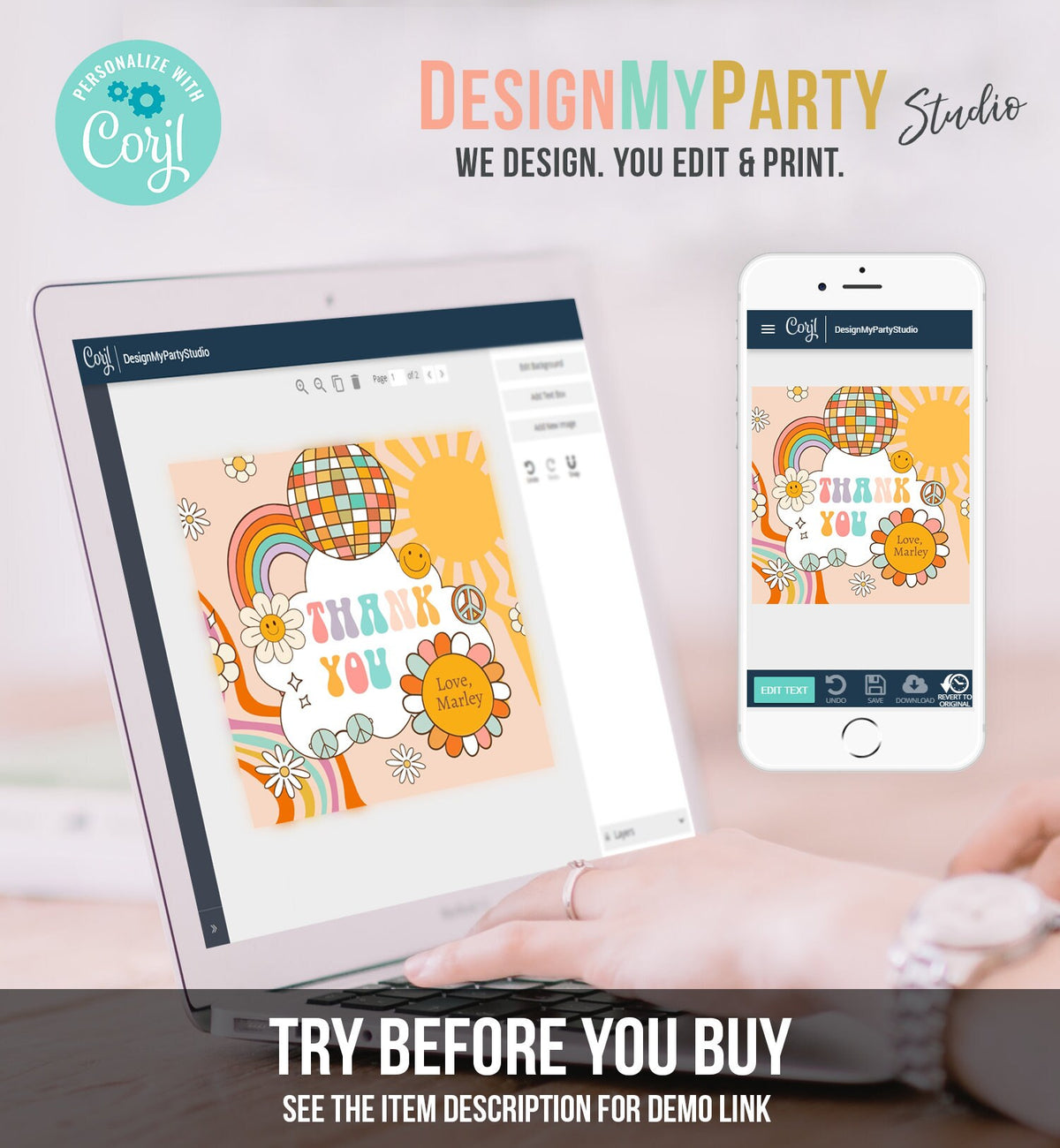 Editable Retro Favor Tags 1st 2nd Groovy Birthday Thank you Tags Flower Power Sticker 70s Floral Hippie Smiley Template Corjl PRINTABLE 0459