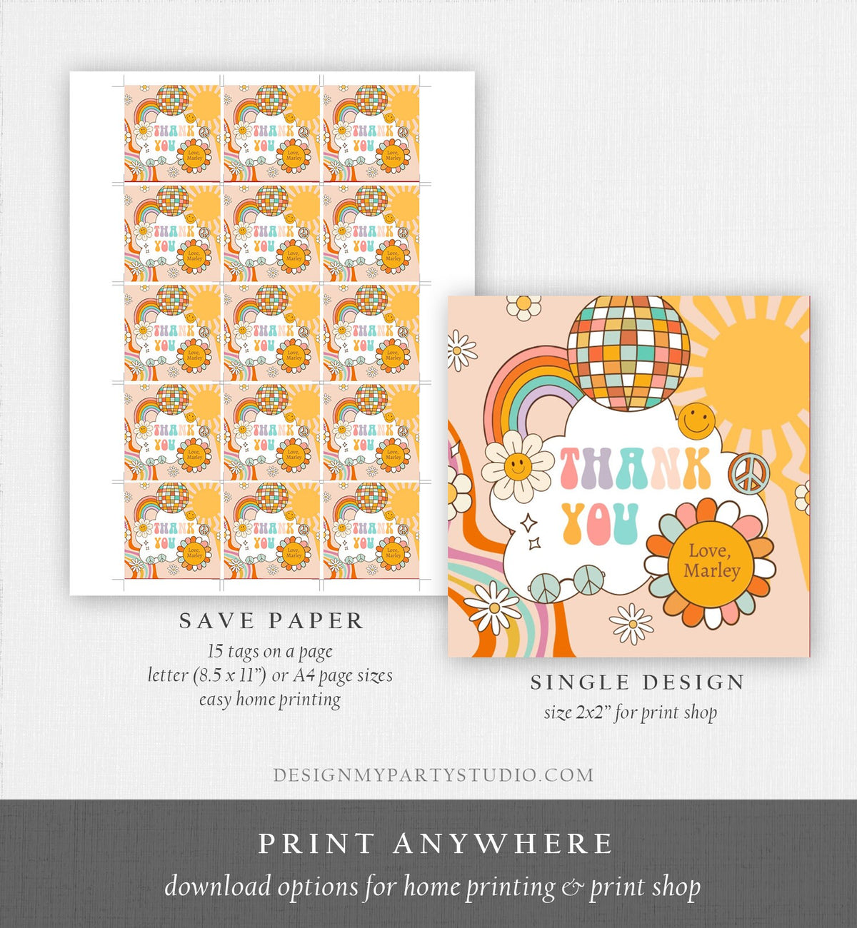 Editable Retro Favor Tags 1st 2nd Groovy Birthday Thank you Tags Flower Power Sticker 70s Floral Hippie Smiley Template Corjl PRINTABLE 0459
