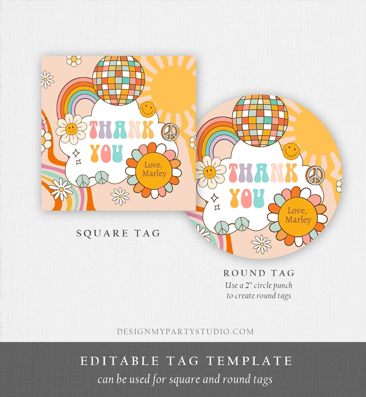 Editable Retro Favor Tags 1st 2nd Groovy Birthday Thank you Tags Flower Power Sticker 70s Floral Hippie Smiley Template Corjl PRINTABLE 0459