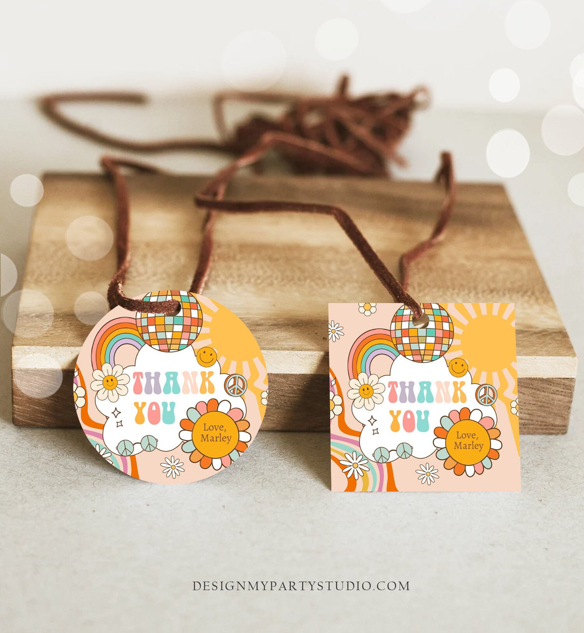 Editable Retro Favor Tags 1st 2nd Groovy Birthday Thank you Tags Flower Power Sticker 70s Floral Hippie Smiley Template Corjl PRINTABLE 0459